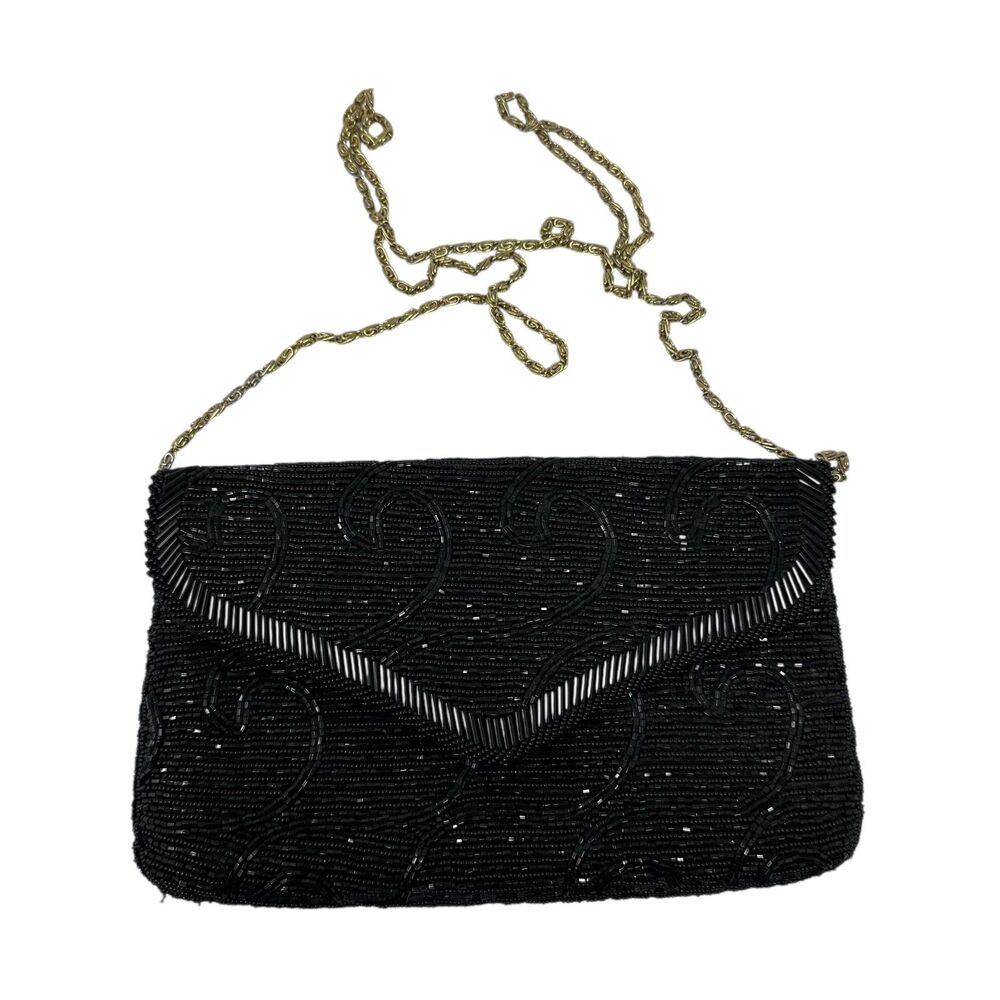 La Regale Hand Made in Macau Black Beaded Purse Gold Chain Strap
